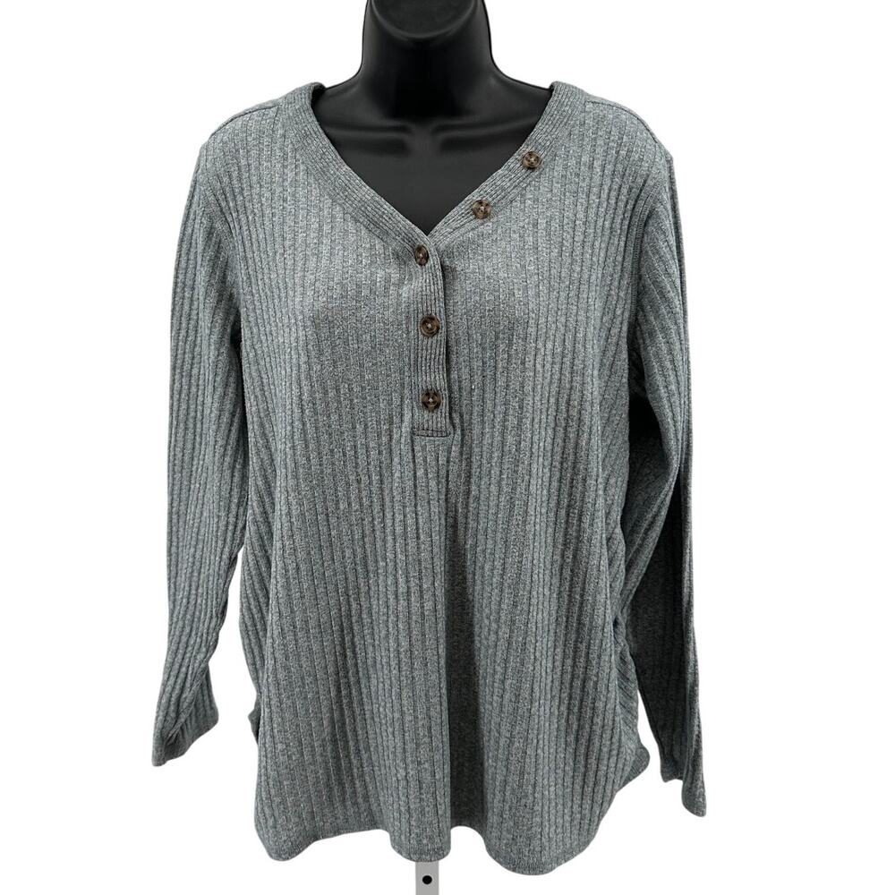 Isabel Maternity Sweater WMNS L Gray Ribbed Knit V-Neck Henley Ruched Pullover